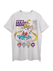 THREADCURRY Sailor Meow Oversized Drop Shoulder Cotton Loose Printed T-Shirt for Men White