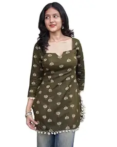 Women Olive Green Printed Cotton Short Kurta Stylish Back Lace Design Kurti 3/4 Sleeve Casual Ethnic Top for Women & Girls