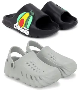 Pampy Angel Combo Pack of 2 Slipper/Flip Flops/Slides/Clogs/Sandals with Adjustable Back Strap for Men,(Y-To-Avcdo-Black,Cl-200-Grey),7 (UK/India)