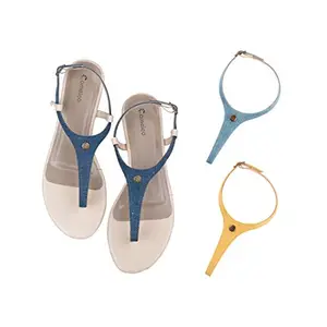 Cameleo -changes with You! Women's Plural T-Strap Slingback Flat Sandals | 3-in-1 Interchangeable Strap Set | Dark-Blue-Light-Blue-Yellow