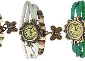 Pappi Boss Pappi-Haunt Vintage Leather Multicolor Be India Flag Color Set of 3 Butterfly Bracelet Watch for Girls, Women - Combo Offer