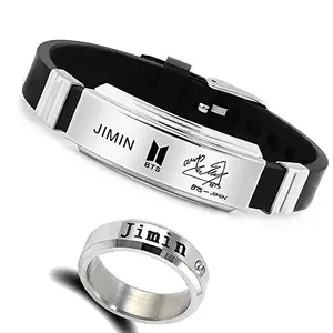 Jewelgenics BTS Kpop Jimin Stainless Steel Ring Combo with Signature Printing Silicon Bracelet