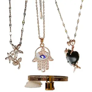 valentine's day Jewelry combo Set, Crystal Flower Necklace, Hamsa Evil Eye Pendant, Black Heart Charm, Designer lock and key bracelet (with Rose Gold Chain with each pendant), 4 Pieces in total.