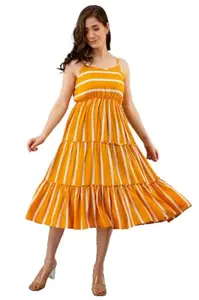 Women's Casual Sleeveless Striped Crape Dresses (Mustard, 2XL)-PID46927