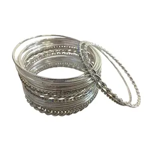 Silver Bangle Set with Crystal Rhinestones, 20 Pieces, Twisted and Plain Design, Iridescent Stones (2.4)