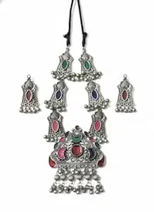 JEWELS BY ARAINA Oxidised Silver Necklace Set with Earrings, Multicolor Stone, Boho Ethnic Statement Jewellery for Women and Girls