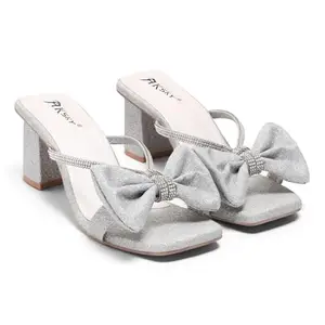 AK SKY Embellished Rhinestone Bow Detailing Block Heels for Women & Girls – Elegant and Comfortable Heels for Every Occasion (Silver, UK Footwear Size System, Adult, Women, Numeric, Medium, 4)