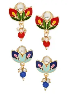 OOMPH Jewellery Combo of 2 Red & Turquoise Blue Meenakari Stud Earrings - Floral Design for Women & Girls Stylish Latest (R-EHC227+B-EHC227_Z)- For Women & Girls Stylish Latest