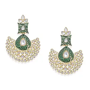 Accessher Gold Plated Traditional Green Meenakari and Kundan Embellished Chandbali Style Dangle Earrings with Push Back Closure for Women and Girls Pack of 1 Pair| Gifting for Karwachauth |