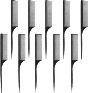 FEELHIGH 10 Pieces Rat Tail Comb Styling Carbon Heat Resistant Comb Anti Static Teasing Comb for Back Combing Root Teasing Adding Volume Evening Styling Black