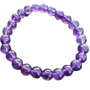 RRJEWELZ Natural Amethyst 8mm Round Shape Smooth Cut Beads 7 Inch Stretchable Bracelet For Men & Women. Unisex Bracelet For Healing, Meditation, Prosperity, Gift & Luck|STBR_RR_09735_7.0