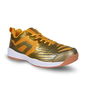 Nivia Super Court 2.0 Badminton Shoe for Mens | EVA & Natural Rubber Sole with Breathable mesh Upper with TPU Fusion Technology for Sports, Badminton, Non-Marking Hexagonal Pattern Sole (Gold) UK-8