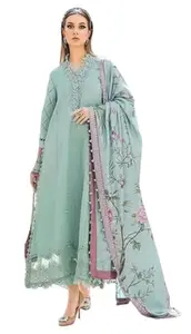 Pakistani heavy rasham embroidered rayon lawn cotton suits with digital print chiffon or cotton dupatta (Sky blue)