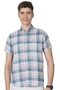 Majestic Man Men's Slim Fit Vertical Checkred Half Sleeve Jute Cotton Casual Shirt (Blue, Medium)