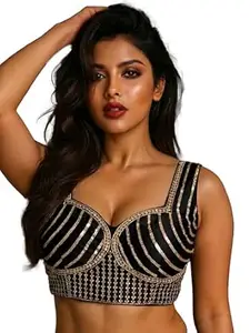 TRENDMALLS Women's Dhupion Silk Embroidery Sequence Work Sweet Heart Neck Sleeveless Blouse Choli Stylish Saree Blouse Ready to Wear Free Size