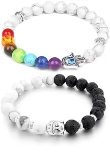 Karishma Kreations Couple Bracelet Combo for Women Men Fashion Beads Dark Moon Lotus Flower Shaped Charm Bracelet Evil Eye Couple Bracelets Strechable Adjustable Jewellery Birthday Gift Anniversary Stone Combo Bracelet