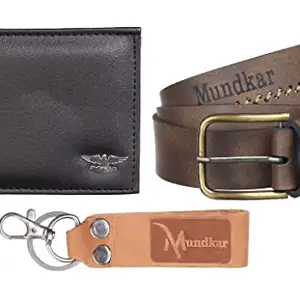 Mundkar Wallet Belt & Keychain for Men and Boys Gift Set Combo Pack of 3 Accessories (Combo-07)