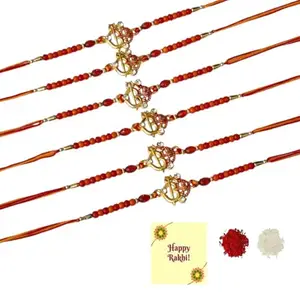DMS RETAIL OM Designer Rakhi for Brother Sister Raksha Bandhan Gift Band Moli Bracelet Stone Pearl Designer Rakhi for Brother Bhaiya Bhai Greetings Card & Roli Tilak Pack Of (2)