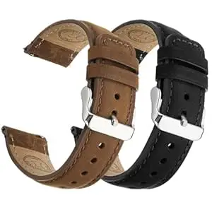 Fullmosa 2 Pack 20mm Leather Watch Bands Quick Release Watch Strap for Men Women, Soft Replacement Strap Wristband with Stainless Steel Buckle,20mm Saddle Brown&Silver/Black&Silver