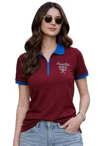 JUNEBERRY® Women’s Regular Fit Lycra Polo T-Shirt V- Neck with Zipper Collar Design, Lycra Fabric for All-Day Comfort and Easy Everyday Styling (Sizes S to 2XL)