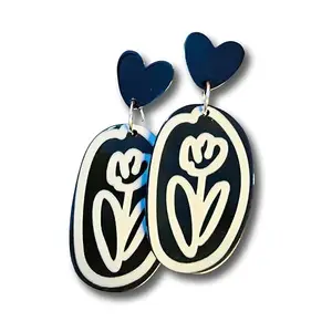 TEDDY JEWELLERS Chic Black and White Earrings Featuring Heart-shaped Tops and Abstract Floral Illustration - Korean Inspired Fashion Earrings