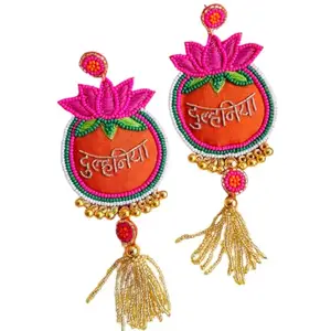 Dulhaniya Traditional Beaded Tassel Earrings, Orange and Pink, Lotus Design, Wedding Collection