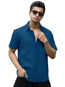 WIZOON Shirt for Men | Half Sleeves | Men’s Black Textured | Cotton Blend Shirts | Casual Shirt's | Spread Collar | Short Sleeves | Regular Fit