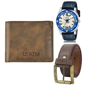 LOREM LOREM Mens Combo of Watch with Artificial Leather Wallet & Belt FZ-LR54-WL24-BL02
