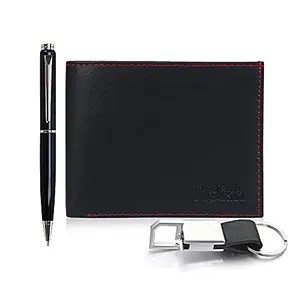 Relish Black Combo Pack of Leather Wallet, Metal Pen & Keychain Gift Set for Men & Boy's