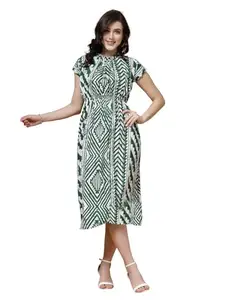 INDIBELLE Green Geomatric Print Rayon Flared Dress