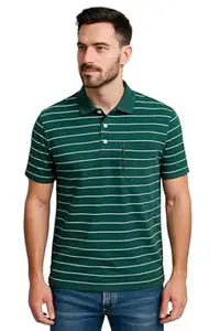 WILD ELEPHANT Men Striped Polo T-Shirt | Cotton Short Sleeve Polo Neck with Button | Chest Pocket Casual Wear