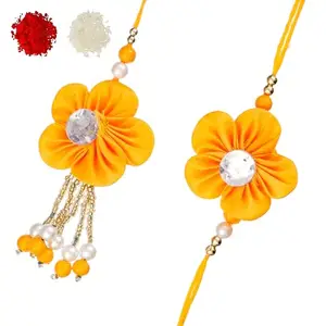 Handicraft Bazarr Handmade Designer Rakhi with Pearls & Beads | Floral Bhaiya Bhabhi Lumba Rakhis Set | Designer Lumba for Couple | Raksha Bandhan Gift Pack | With Roli Chowal |