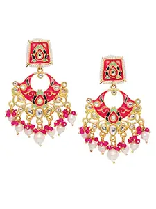 OOMPH Jewellery Rani Pink Meenakari White Kundan & Pearls Ethnic Drop Chandbali Earrings For Women & Girls Stylish Latest (EHC108_AMR2)