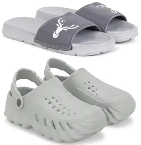 Pampy Angel Combo Pack of 2 Slipper/Flip Flops/Slides/Clogs/Sandals with Adjustable Back Strap for Men,(Singa-Grey,Cl-200-Grey),7 (UK/India)