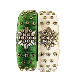Blue jays hub Silk Thread Bangles New kundan Style yellow Color Set of 6for Women/Girls (green and White, 2.2)
