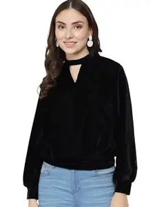 Vaararo Velvet Top for Women | Keyhole Choker Neck Cuffed Sleeves Blouson Outfit Black X-Large