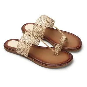 KKF Footwear Women's Casual stylish Slip On Slipper Ethnic Flat Fashion Sandals Chappal for Girls (Tan)