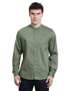 Turtle Men Slim Fit Stripes Pure Cotton Olive Casual Shirt