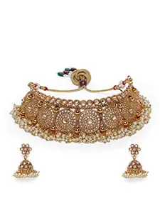 ACCESSHER Gold plated Handcrafted Antique gold Embellished Choker necklace with earring set for women and girls set of 1| Gifting for Karwachauth |