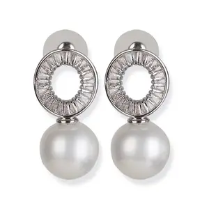 PrabhuSita Silver Pave Setting Pearl Drop Earrings, Rhodium Plated with Freshwater Pearls, Pearl Edit, Gifts Item, Silver Pearl Earning for Women's, Girls