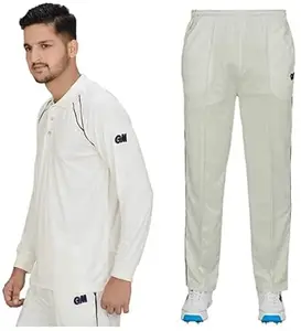 GM 7205 Full Sleeve Cricket T-Shirt with 7130 Trouser Combo (Size-Medium, White/Navy)