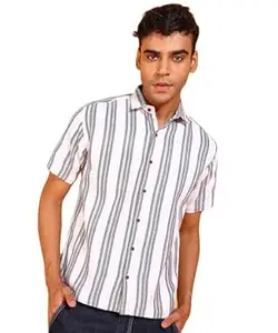MILDIN Men's Cotton Blend Striped Printed Shirt with Spread Collared Neck Half Sleeve Button Closure Regular Fit Straight Standard Length | Shirts for Men Stylish
