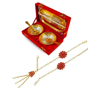 Piepot Rakhi Set for Brother | Rakhi with Gift German Silver Bowl Set, Roli Chawal & Best Wishes Card | Rakhshabandhan (Red Gold Lumba & Silver Bowl Set - 1)