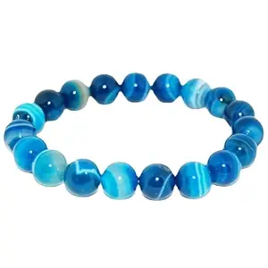 RRJEWELZ 10mm Natural Gemstone Blue Stripe Agate Round shape Smooth cut beads 7 inch stretchable bracelet for women. | STBR_RR_W_02265