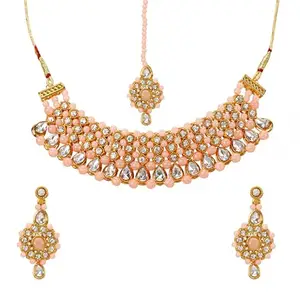 I.A Fashion - Choker Artificial stone Necklace Set with mang tika And Earring for women (Pink)