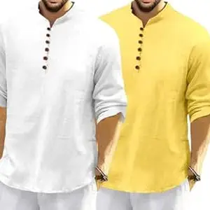 FINIVO FASHION Combo of Men’s Casual Full Sleeve Kurta Style Shirt with Button Placket, Lightweight Breathable Fabric, Regular Fit Ethnic Fusion Wear for Daily & Festive Use Pack of 2