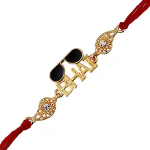 eCraftIndia Red, Golden & Black Goggle with Bhai Word Fancy Designer Rakhi with Roli Chawal Pack - Rakhi for Brother