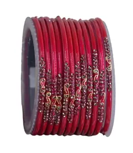 The Golden Cascade Women’s Glass Bangles | Zircon Beads Plain Bangle Set for Ladies (Strawberry, 2.4)