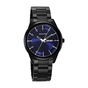 Sonata Men Stainless Steel Force Analog Blue Dial Watch-7146Nm01, Band Color-Black
