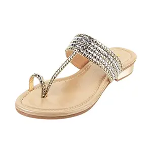 Mochi Elegant Gold-Toned Textured Flat Kolhapuri for Women Stylish Toe Loop Design UK/4 EU/38 (32-1422)